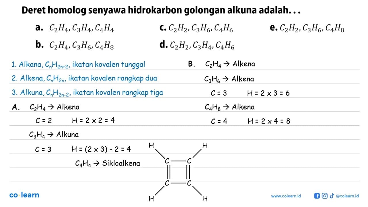 Deret homolog senyawa hidrokarbon golongan alkuna adalah