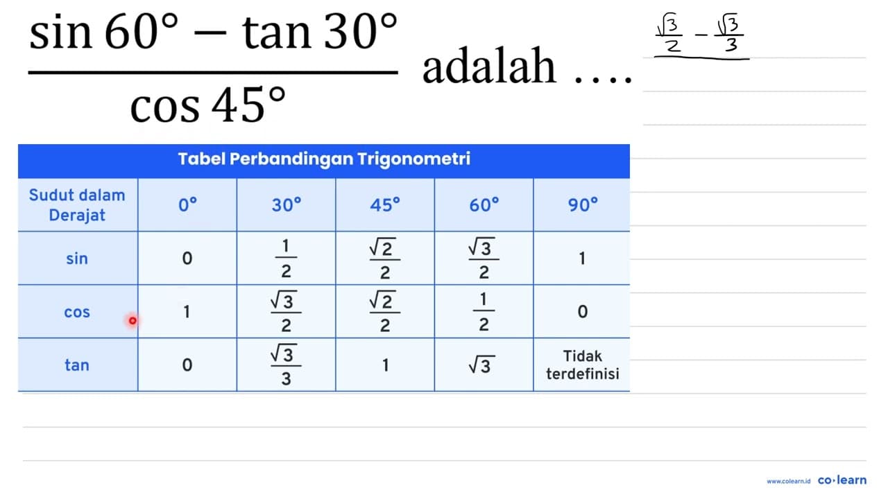 (sin 60-tan 30)/(cos 45) adalah ...