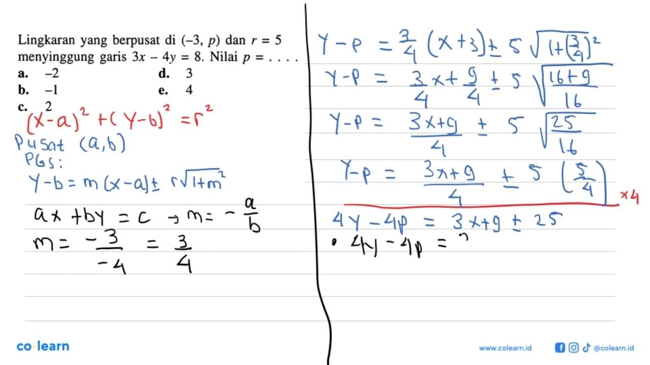 Lingkaran yang berpusat di (-3, p) dan r=5 menyinggung