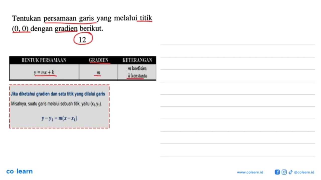 Tentukan persamaan garis yang melalui titik (0, 0) dengan