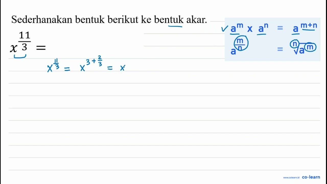 Sederhanakan soal bil akar x^((11)/(3))=