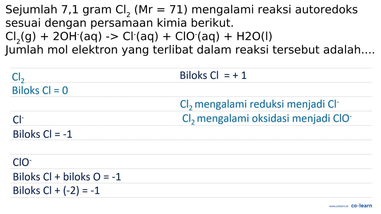 Sejumlah 7,1 gram Cl2 (Mr=71) mengalami reaksi autoredoks