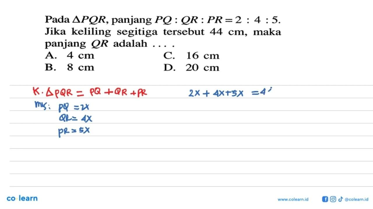 Pada segitiga PQR , panjang PQ:QR:PR=2:4:5 . Jika keliling