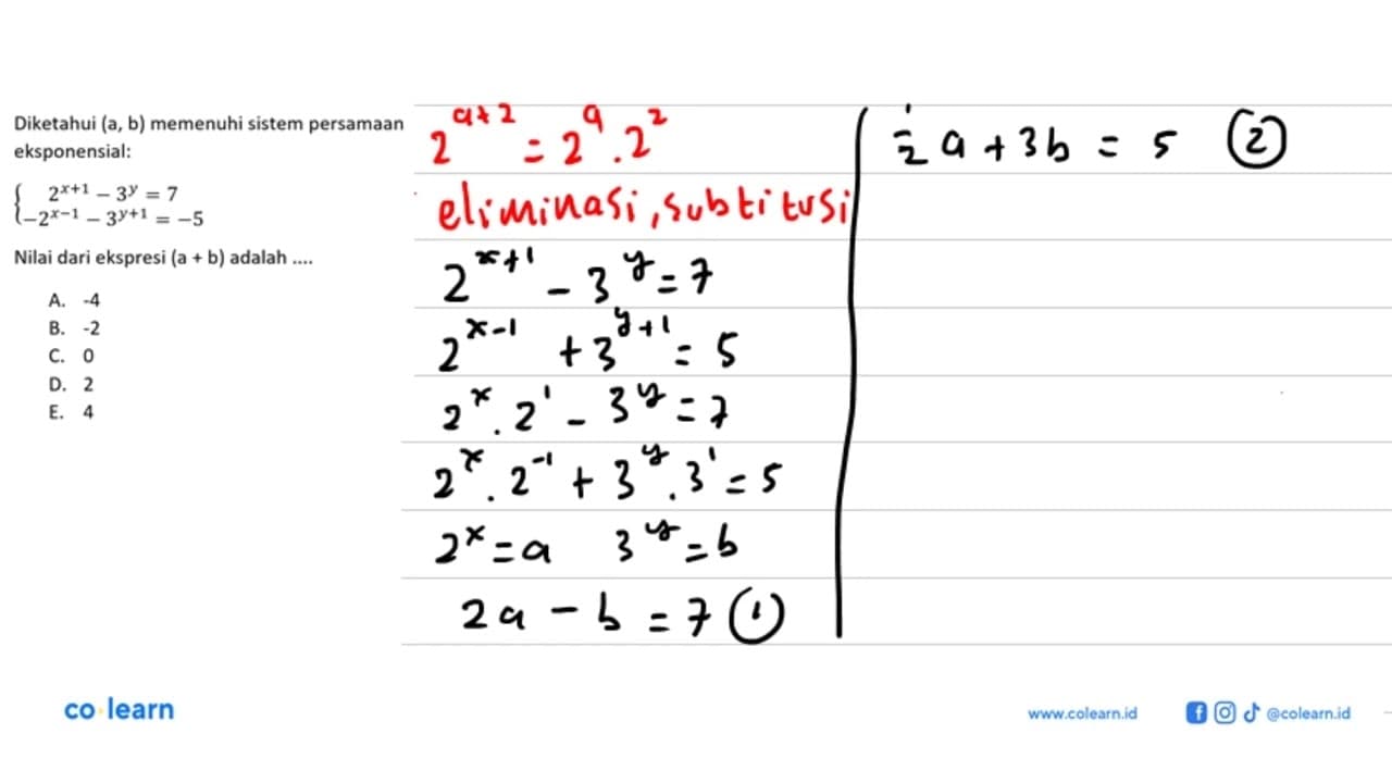 Diketahui (a, b) memenuhi sistem persamaan eksponensial: