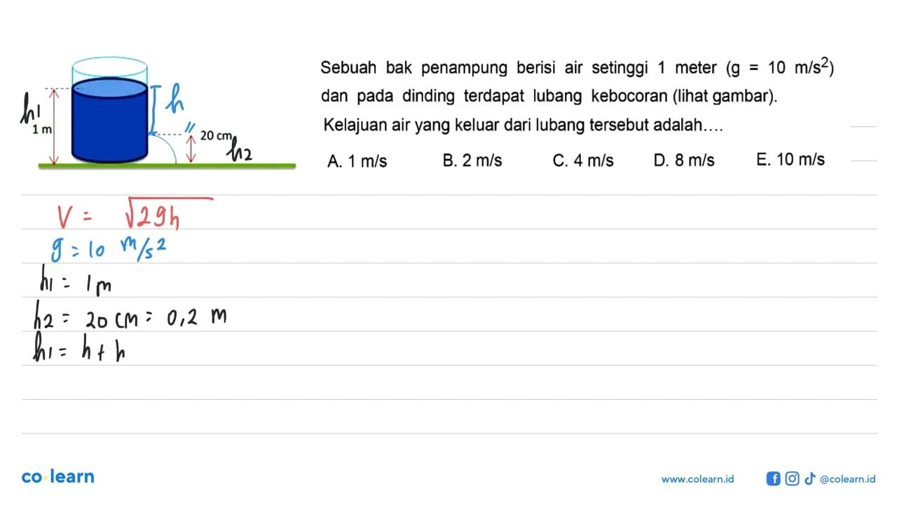 Sebuah bak penampung berisi air setinggi 1 meter (g = 10