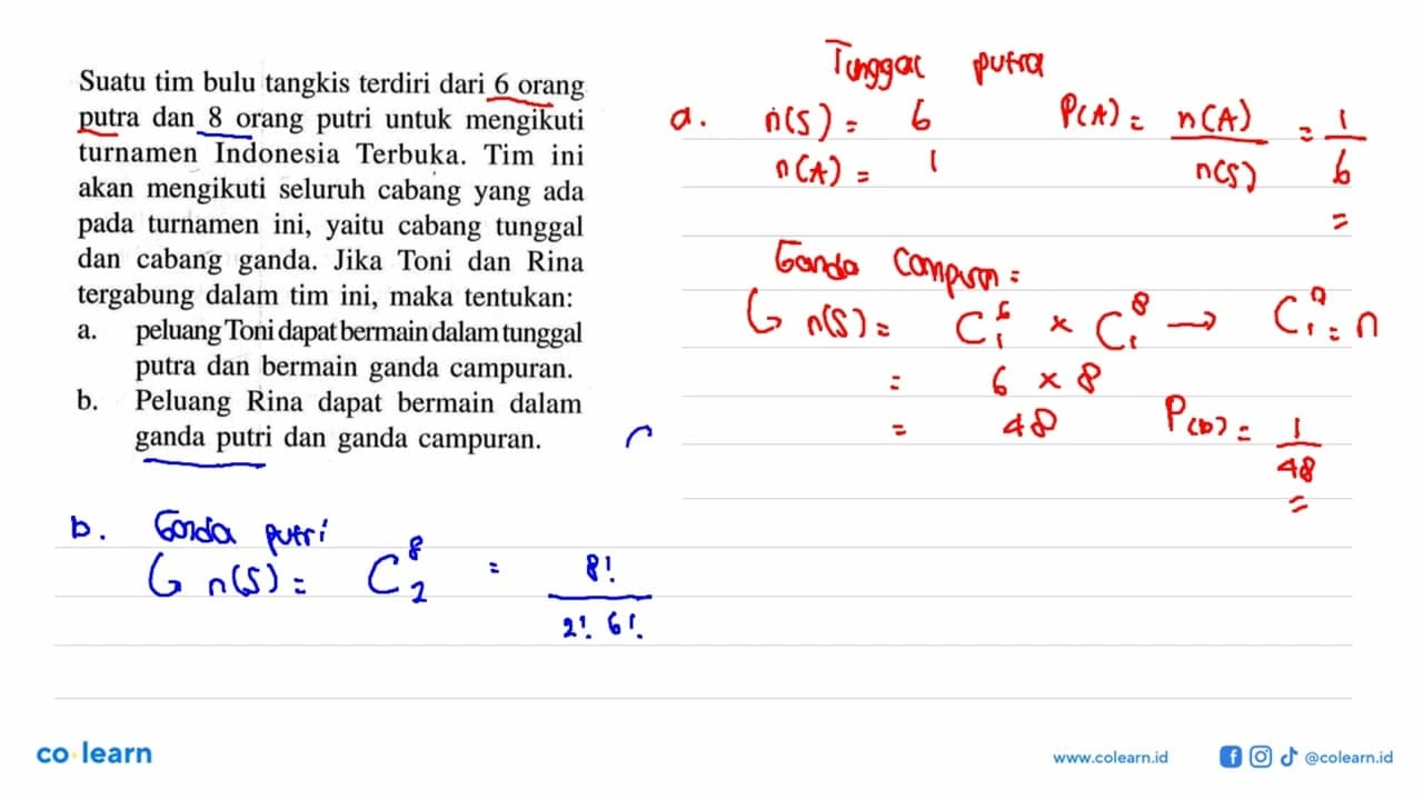 Suatu tim bulu tangkis terdiri dari 6 orang putra dan 8