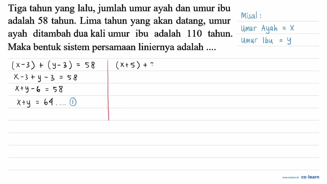 Tiga tahun yang lalu, jumlah umur ayah dan umur ibu adalah