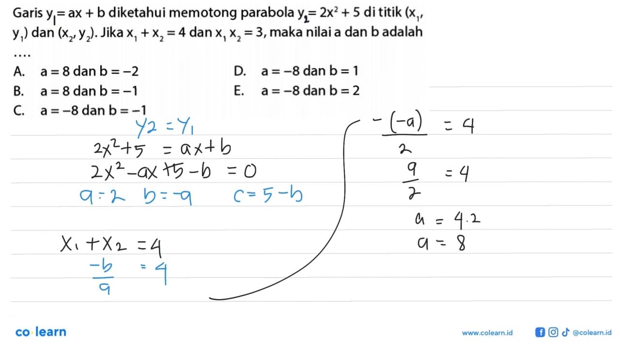 Garis y = ax + b diketahui memotong parabola y = 2x^2 + 5