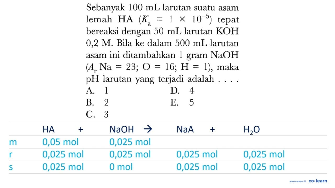 Sebanyak 100 ~mL larutan suatu asam lemah HA(K_(a)=1 x