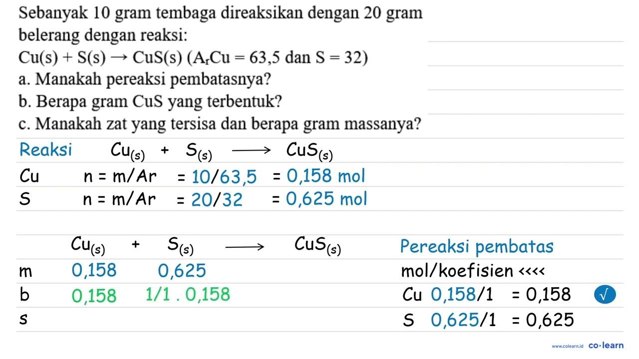 Sebanyak 10 gram tembaga direaksikan dengan 20 gram