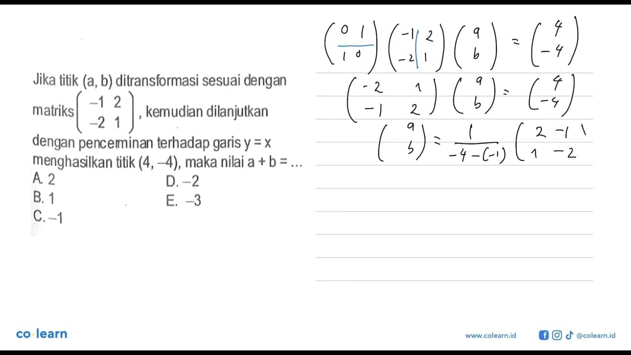 Jika titik (a, b) ditransformasi sesuai dengan matriks (-1