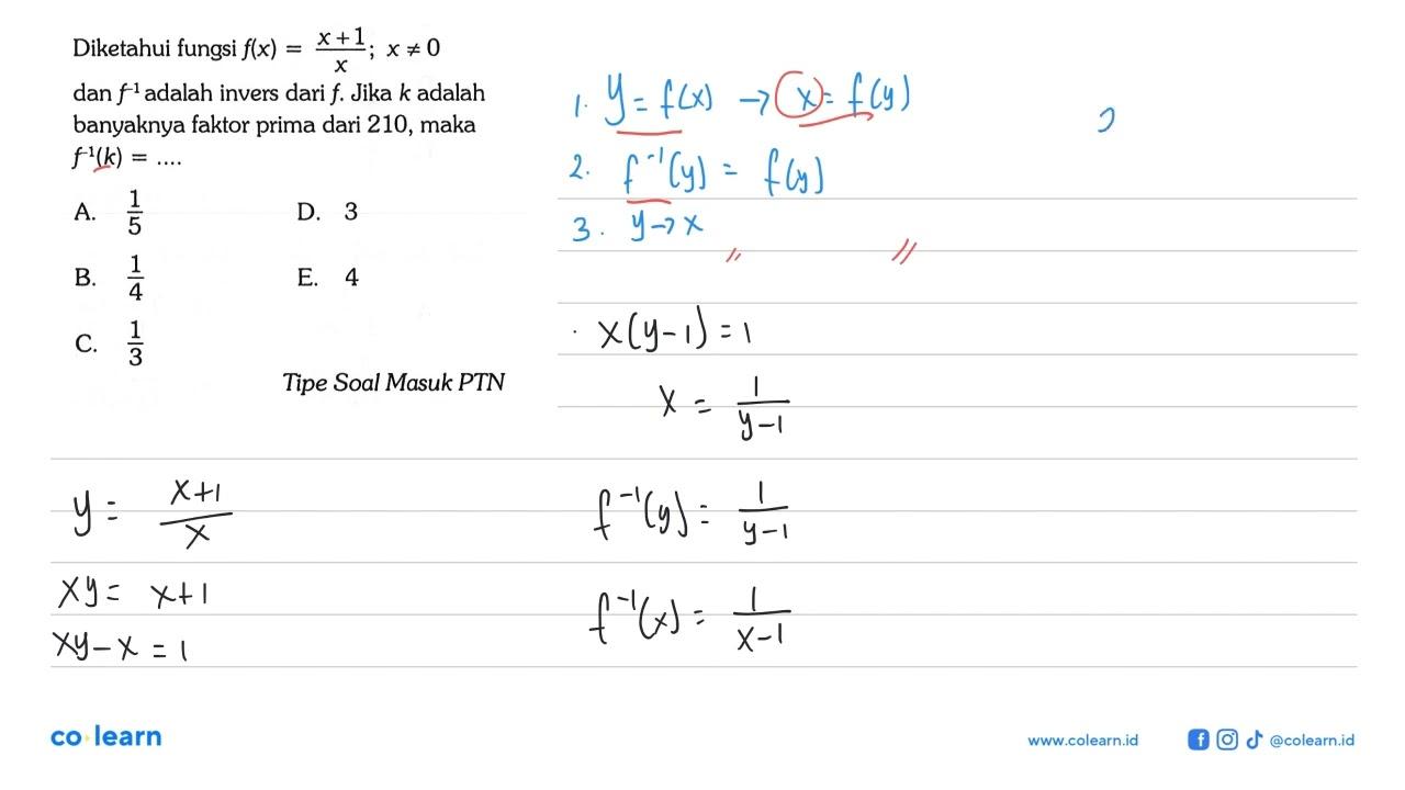 Diketahui fungsi f(x)=(x+1)/x; x=/=0 dan f^(-1) adalah