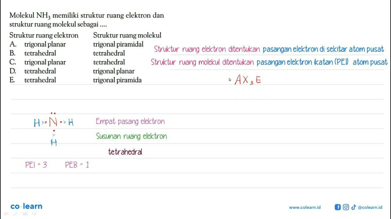 Molekul NH3 memiliki struktur ruang elektron dan struktur