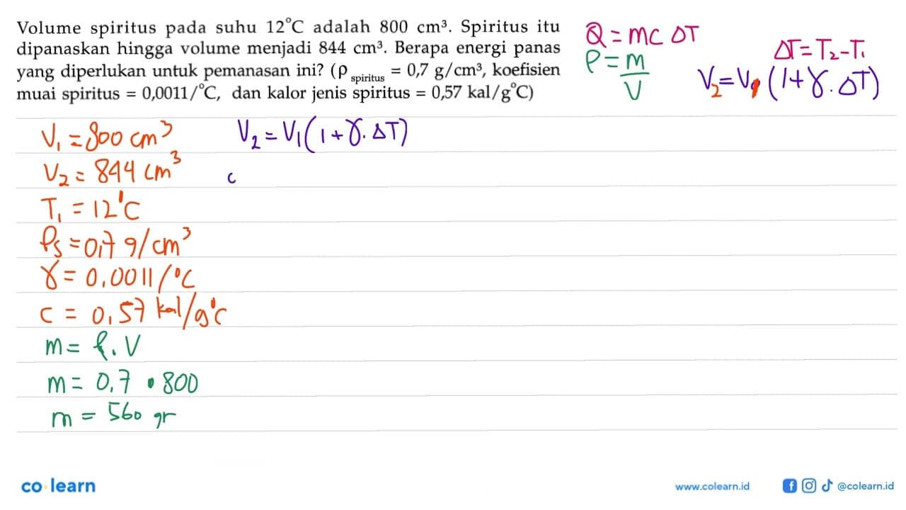 Volume spiritus pada suhu 12 C adalah 800 cm^3 . Spiritus