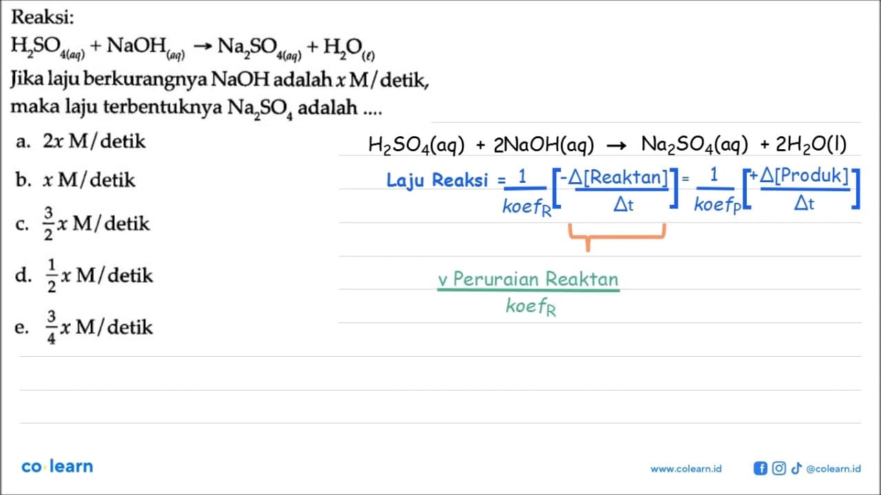 Reaksi: H2SO4 (aq) + NaOH (aq) -> Na2SO4 (aq) + H2O (l)