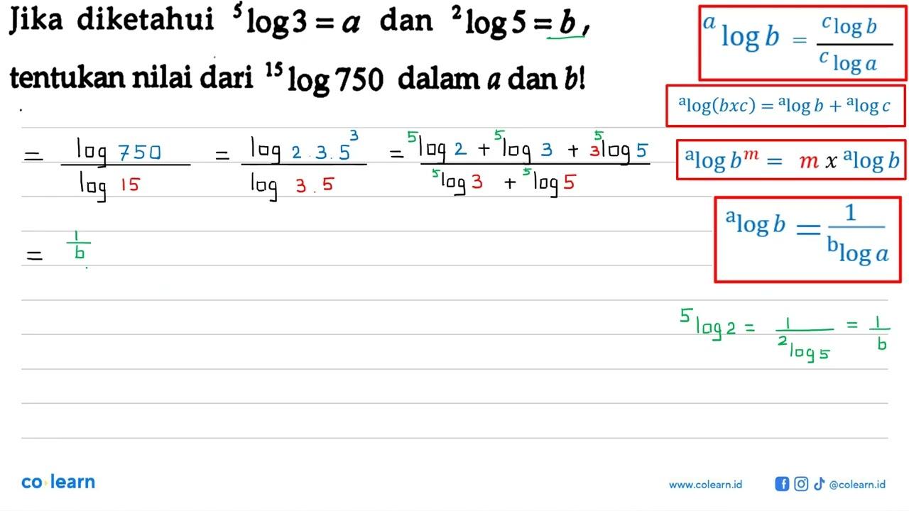 Jika diketahui 5 log 3=a dan 2 log 5=b, tentukan nilai dari