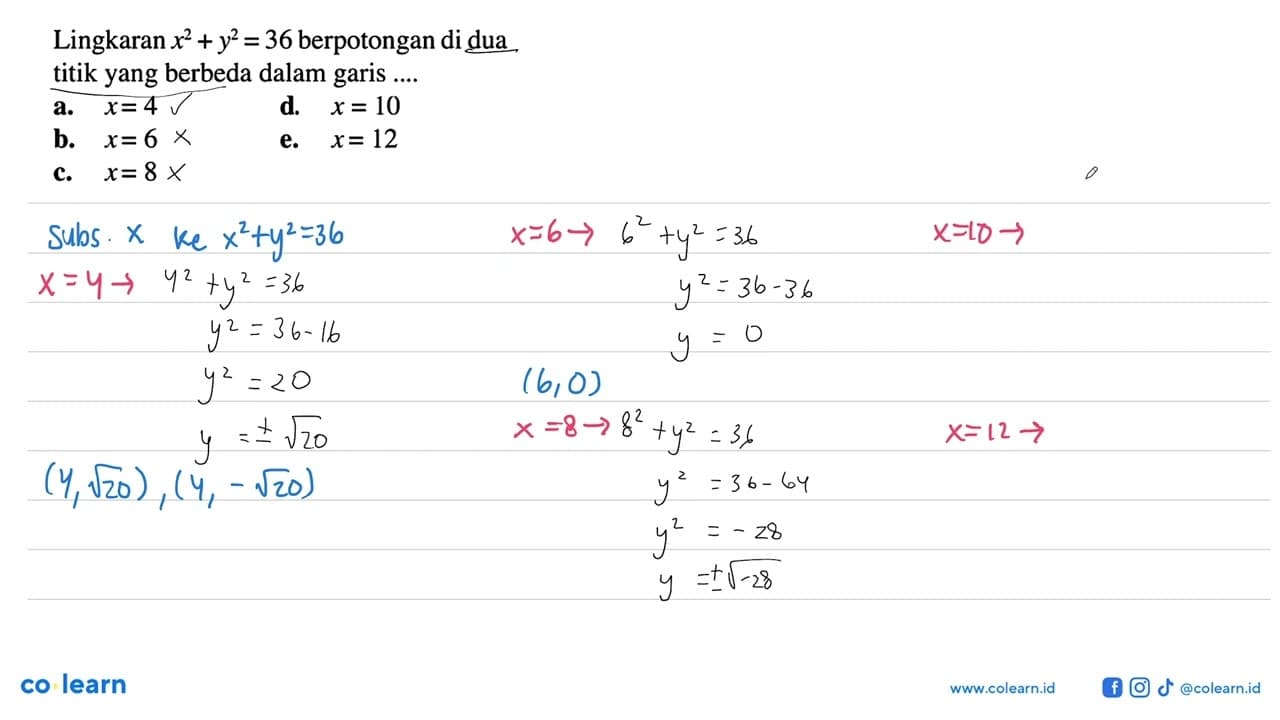 Lingkaran x^2+y^2=36 berpotongan di dua titik yang berbeda