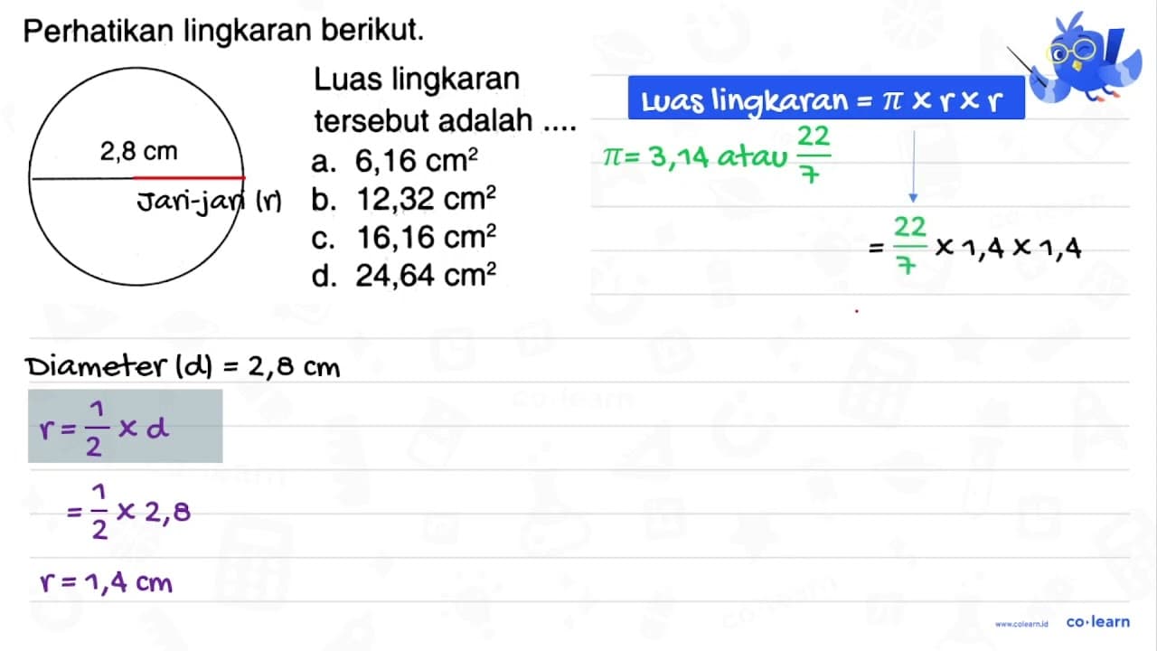 Perhatikan lingkaran berikut. 2,8 cm Luas lingkaran