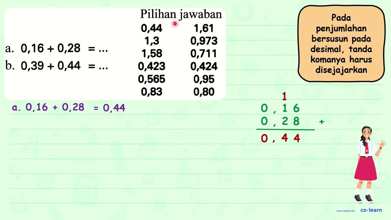 {2)/(c)/( Pilihan jawaban ) 0,44 1,61 a. 0,16+0,28=... 1,3