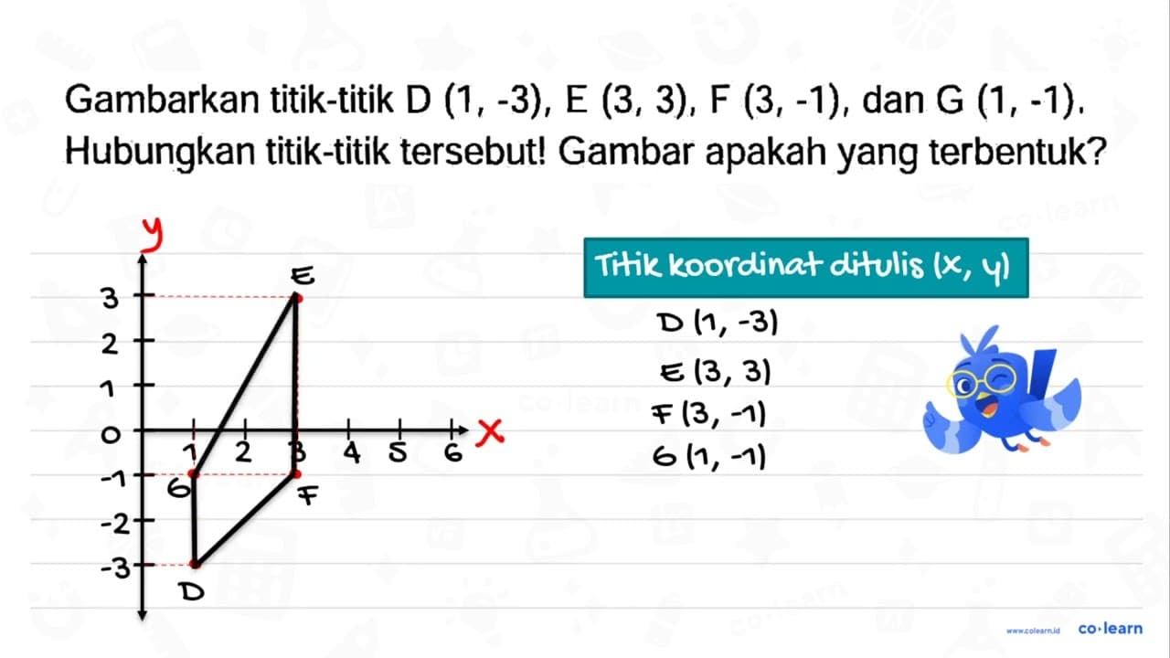 Gambarkan titik-titik D (1,-3) , E (3,3) , F (3,-1) , dan G