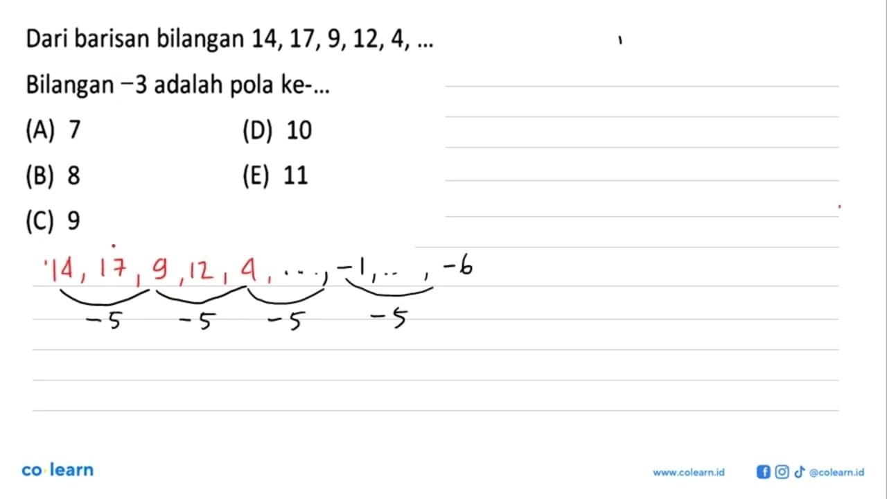 Dari barisan bilangan 14, 17, 9, 12, 4, ... Bilangan -3