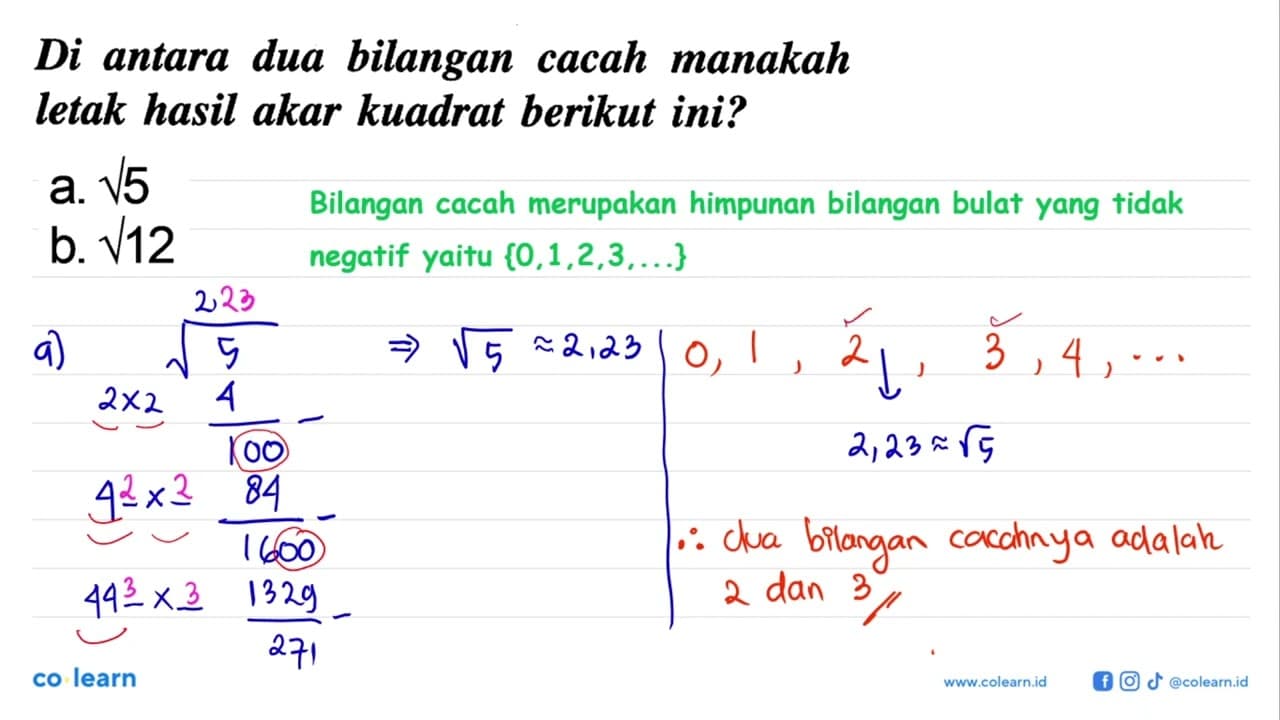 Di antara dua bilangan cacah manakah letak hasil akar