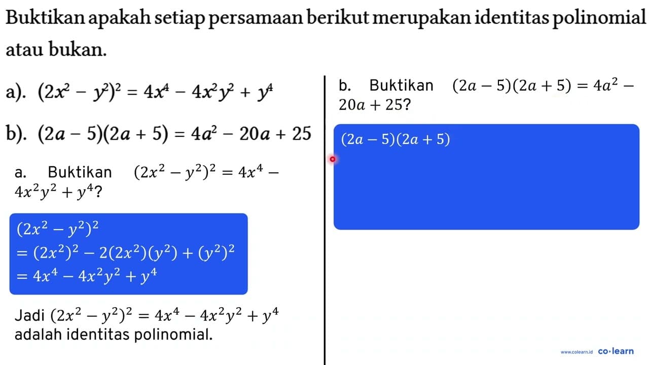 Buktikan apakah setiap persamaan berikut merupakan