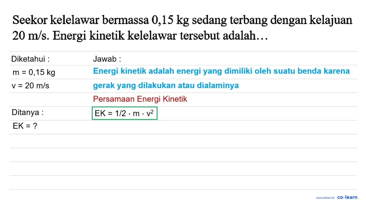 Seekor kelelawar bermassa 0,15 kg sedang terbang dengan