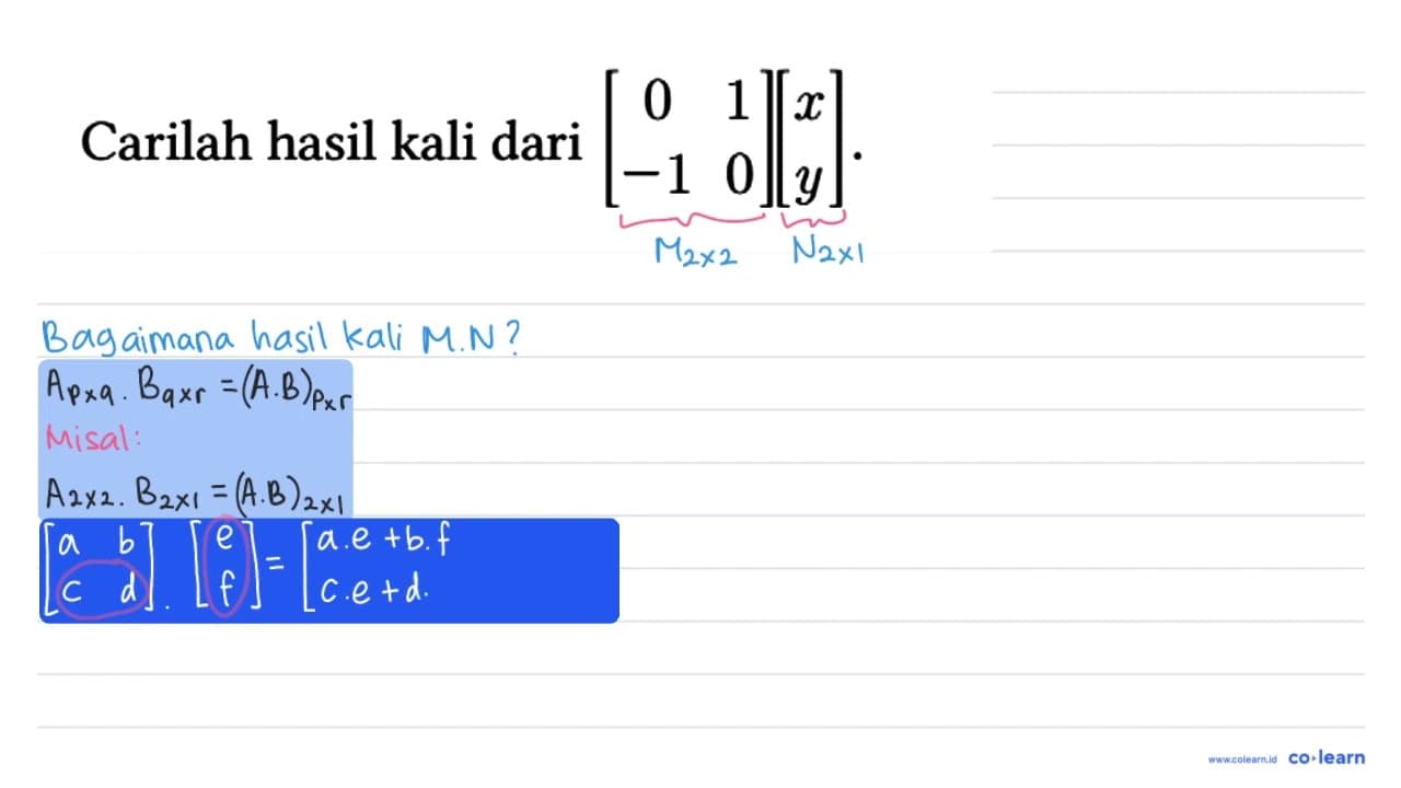 Carilah hasil kali dari [0 1 -1 0][x y].