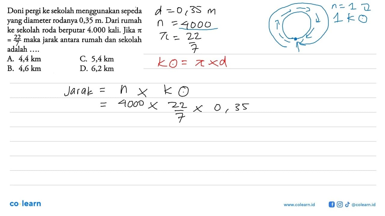 Doni pergi ke sekolah menggunakan sepeda yang diameter