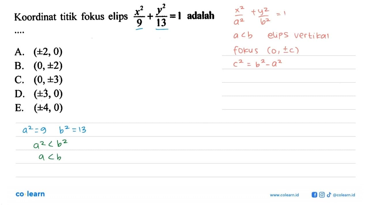 Koordinat titik fokus elips x^2/9+y^2/13 = 1 adalah....