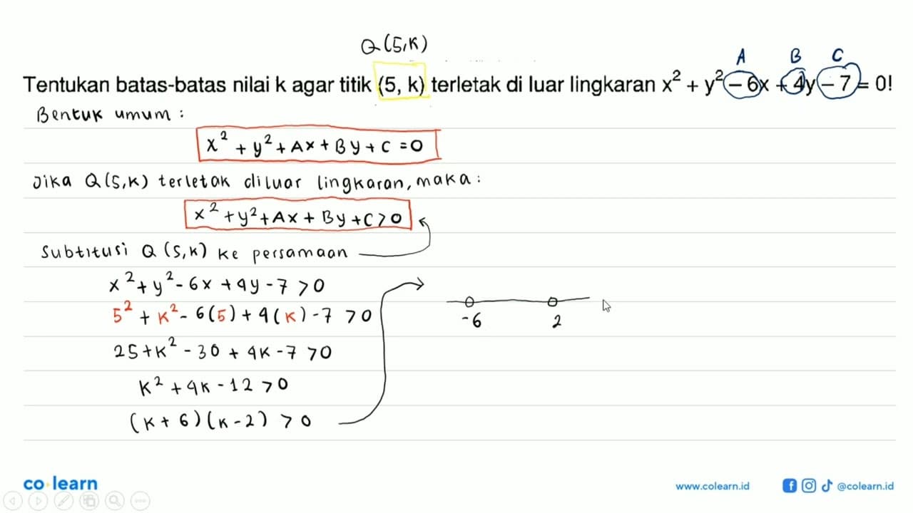 Tentukan batas-batas nilai k agar titik (5, k) terletak di