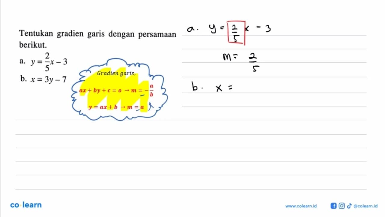 Tentukan gradien garis dengan persamaan berikut. a. y = 2/5