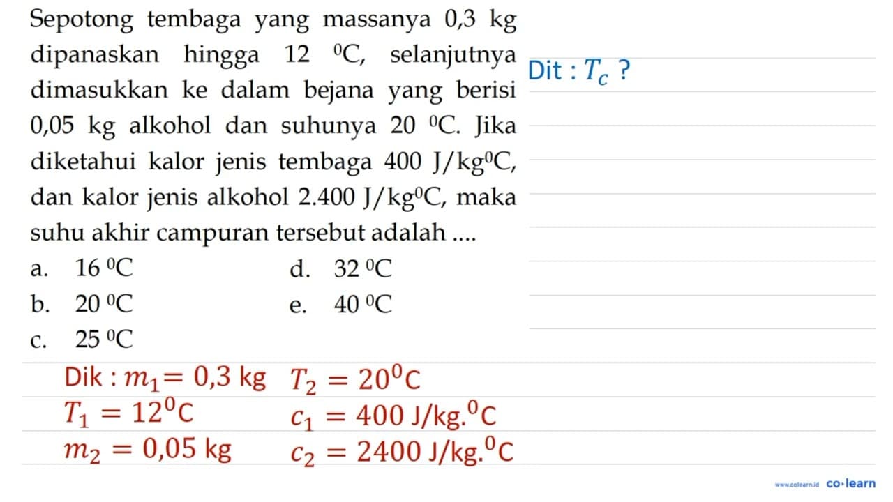 Sepotong tembaga yang massanya 0,3 kg dipanaskan hingga 12