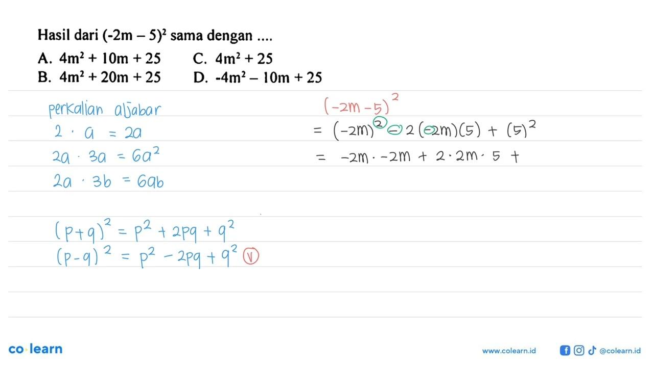 Hasil dari (-2m - 5)^2 sama dengan ....