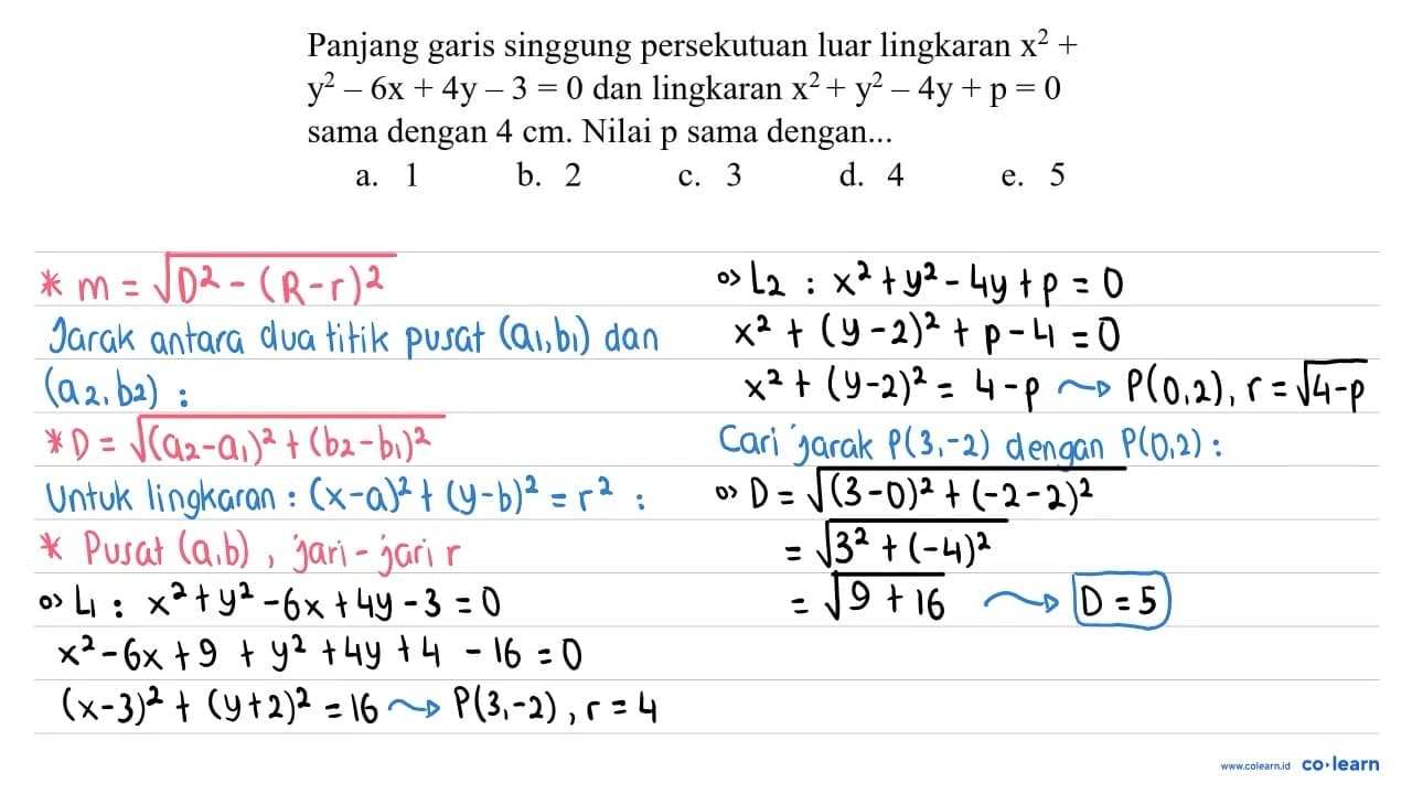 Panjang garis singgung persekutuan luar lingkaran x^(2)+