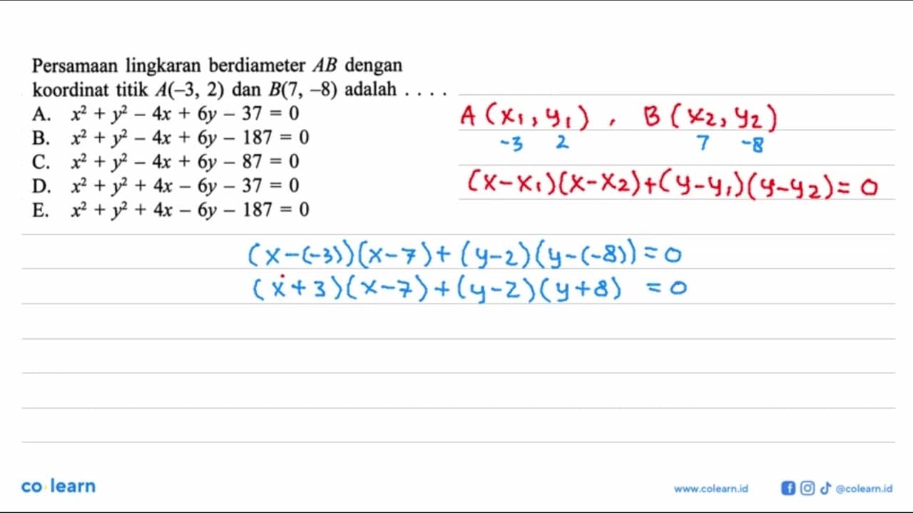 Persamaan lingkaran berdiameter AB dengan koordinat titik