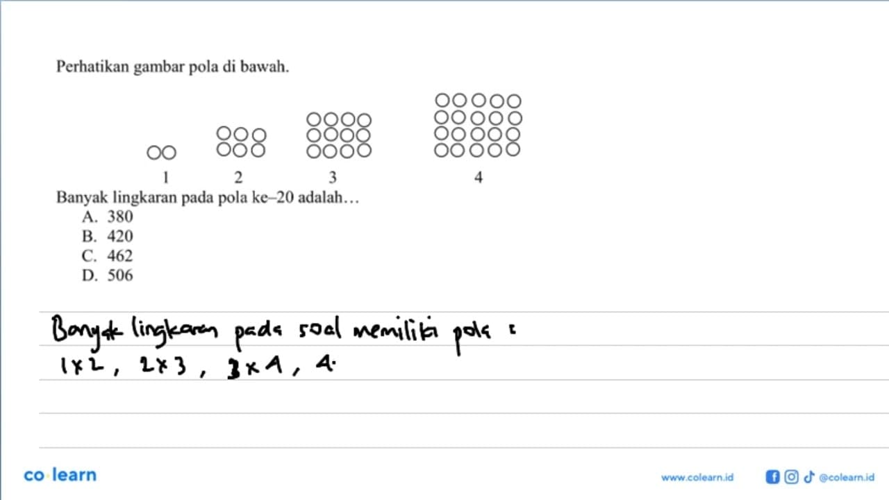 Perhatikan gambar pola di bawah. 1=2, 2=6, 3=12, 4=20