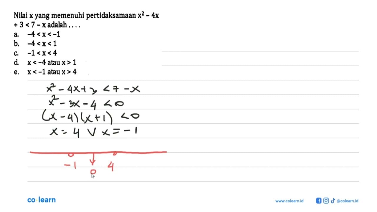 Nilai x yang memenuhi pertidaksamaan x^2-4x+3<7-x adalah .