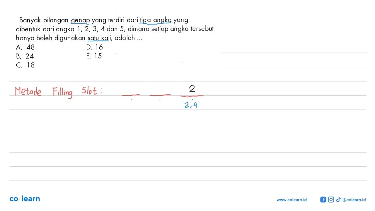 Banyak bilangan genap yang terdiri dari tiga angka yang