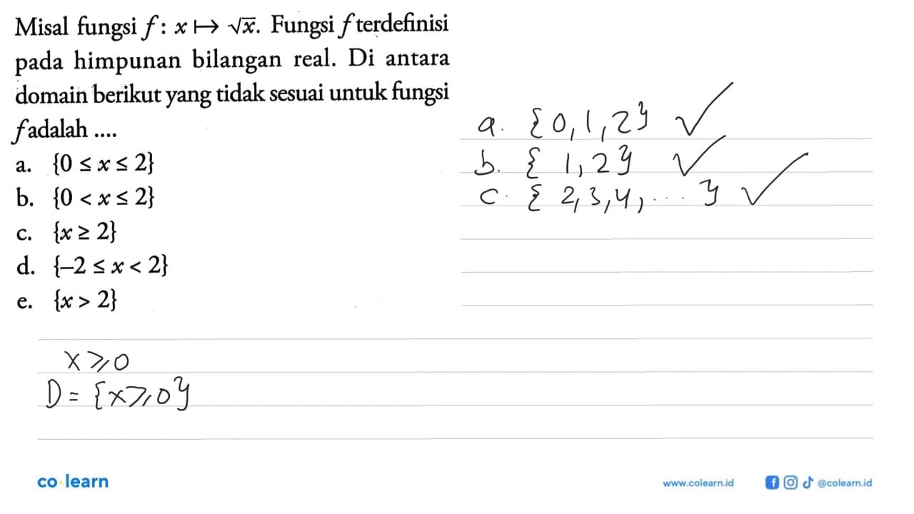 Misal fungsi f:x -> akar(x). Fungsi f terdefinisi pada