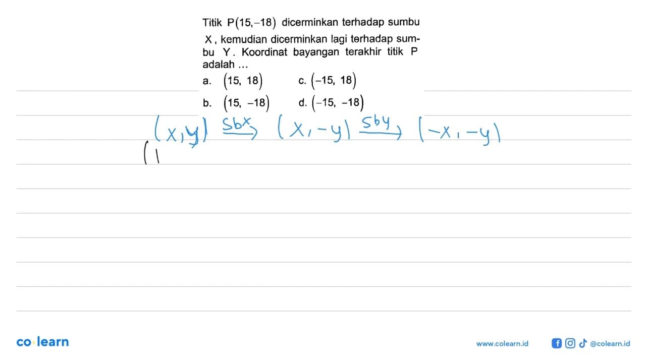 Titik P(15, -18) dicerminkan terhadap sumbu X, kemudian