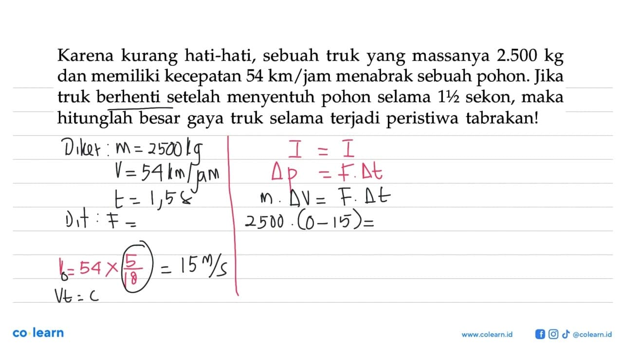 Karena kurang hati-hati, sebuah truk yang massanya 2.500 kg