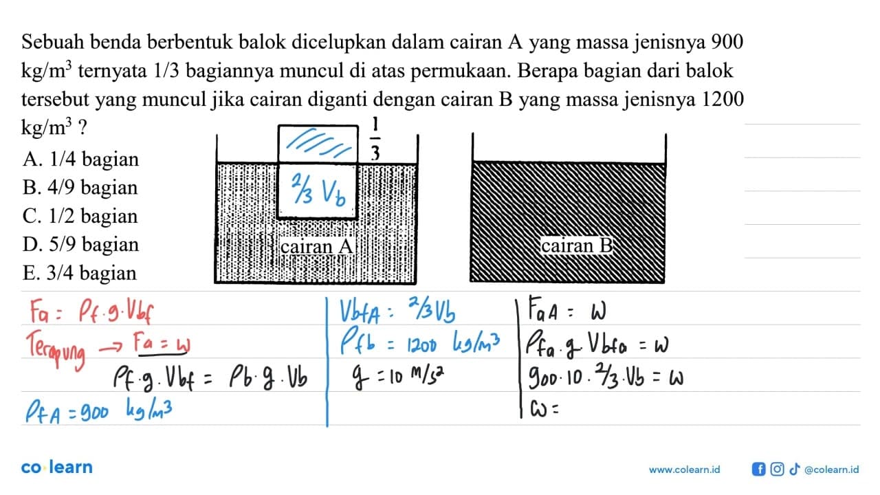 Sebuah benda berbentuk balok dicelupkan dalam cairan A yang