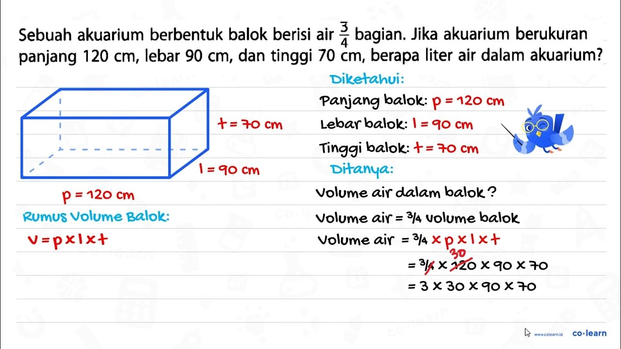 Sebuah akuarium berbentuk balok berisi air 3/4 bagian. Jika