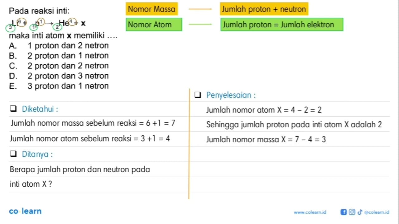 Pada reaksi inti: 6 3 Li + 1 1 p -> 4 2 He + x maka inti