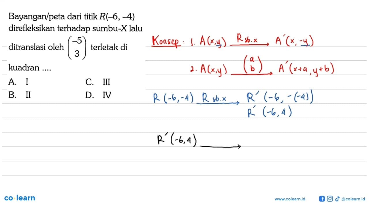 Bayangan/peta dari titik R (-6, -4) direfleksikan terhadap
