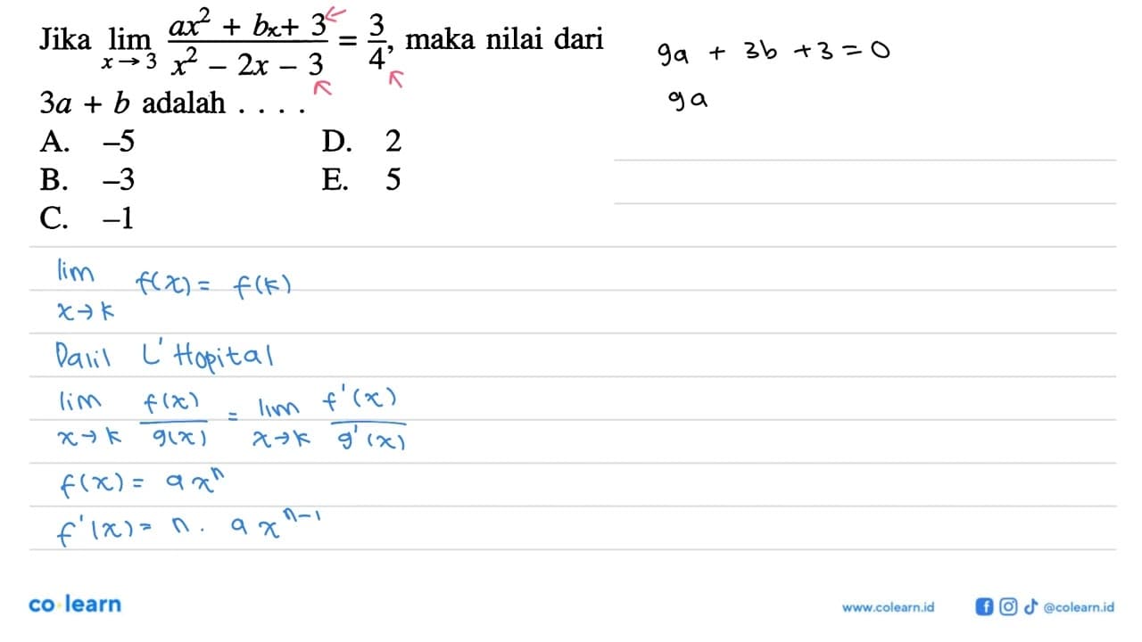 Jika limit x->3 (ax^2+b+3)/(x^2-2x-3)=3/4, maka nilai dari