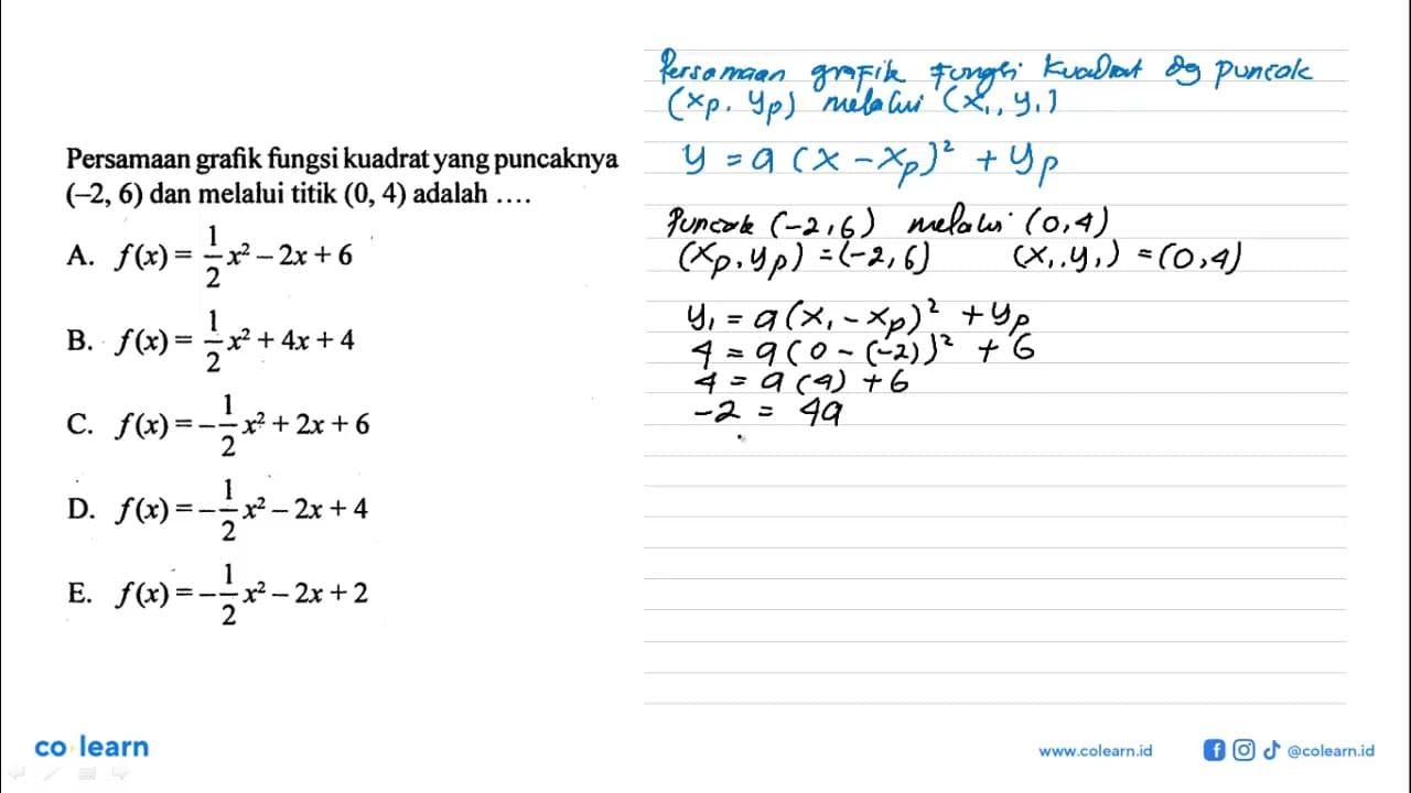 Persamaan grafik fungsi kuadrat yang puncaknya (-2,6) dan