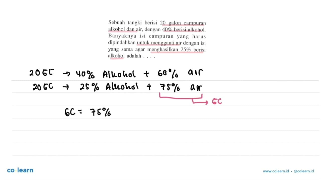 Sebuah tangki berisi 20 galon campuran alkohol dan air,